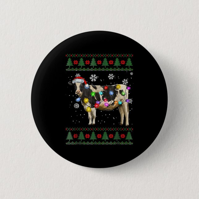 Ugly Cow Christmas Sweater Santa Hat And Light Up  Button (Vorderseite)