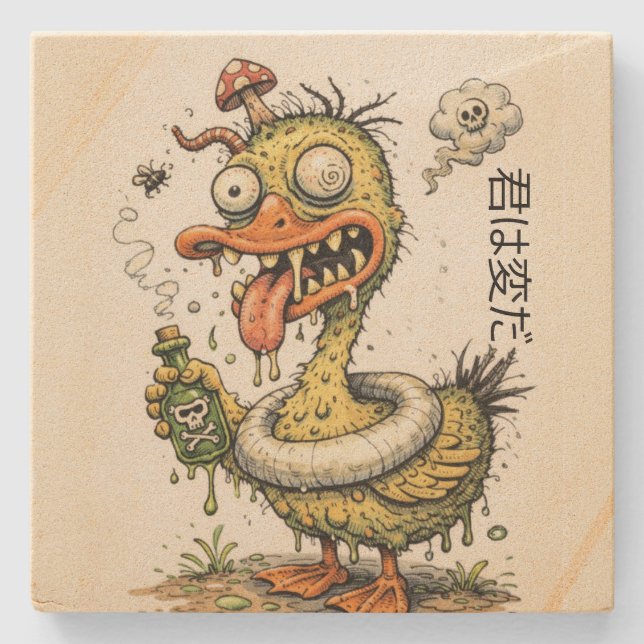 Ugly drunk duck monster Funny cartoon artwork Steinuntersetzer (Vorderseite)