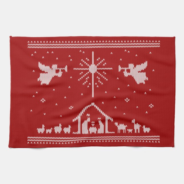 Ugly frohe Weihnachten Sweater Krippe Religiöse Geschirrtuch (Horizontal)