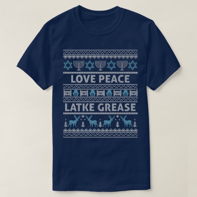 Ugly Hanukkah Sweater Liebe Peace Latke Grease Cha T-Shirt (Design vorne)
