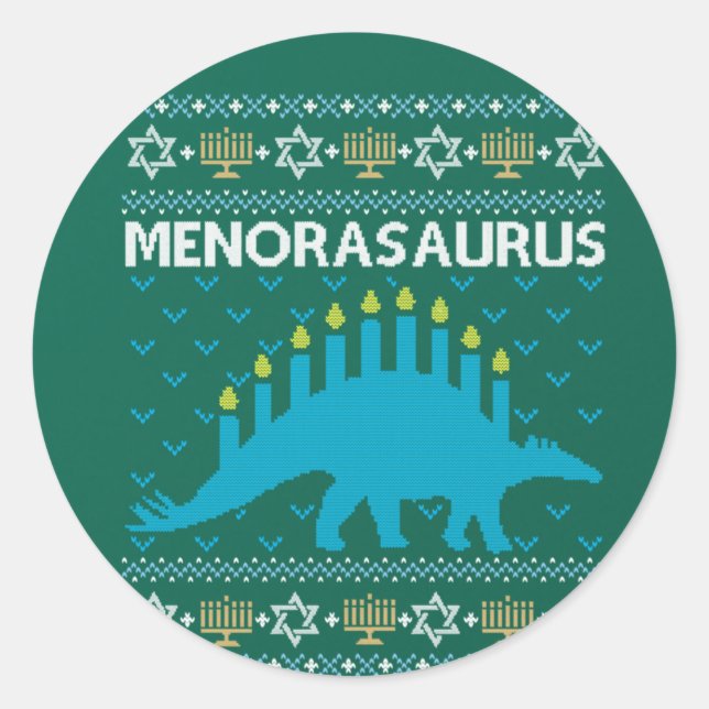 Ugly Hanukkah Sweater, Menorasaurus, Jüdisches Din Runder Aufkleber (Vorderseite)