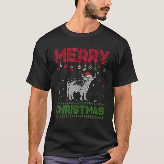 Ugly Holiday Sweater Christmas Funny Highland Kuh T-Shirt (Vorderseite)