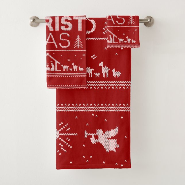Ugly Merry CHRISTmas Sweater Religious Red Badhandtuch Set (Insitu)