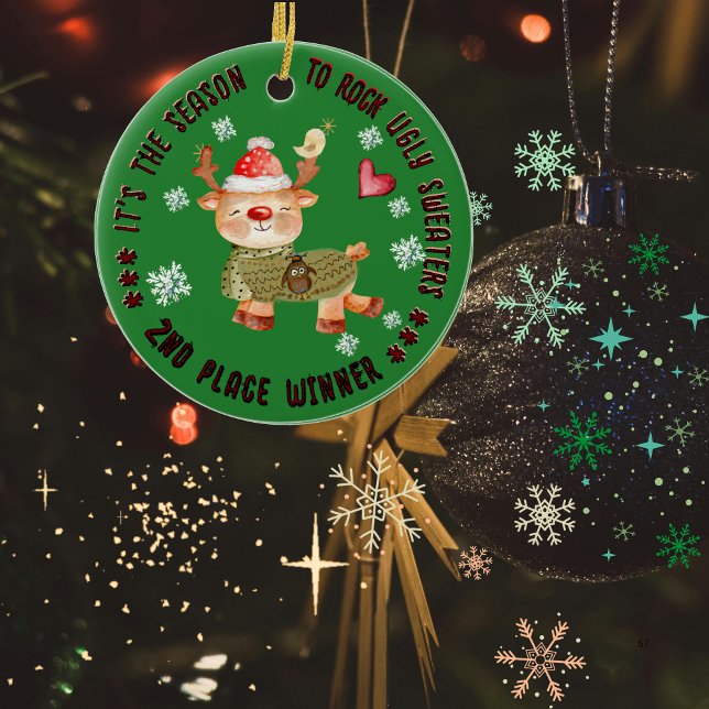 Ugly Sweater 2. Gewinner Dealer Keramik Ornament (Ugly Sweater 2nd Winner Deer Ceramic Ornament)
