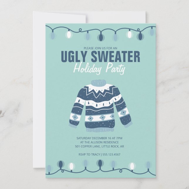 Ugly Sweater Blue Green Holiday Party Einladung (Vorderseite)