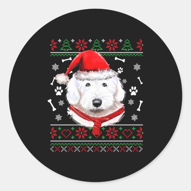 Ugly Sweater Christmas Bobtail Dog Santa Hat Pajam Runder Aufkleber (Vorderseite)