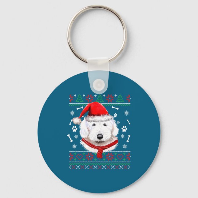 Ugly Sweater Christmas Bobtail Dog Santa Hat Pajam Schlüsselanhänger (Vorderseite)