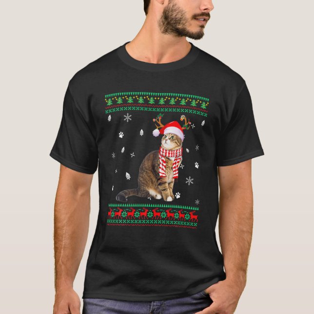 Ugly Sweater Christmas Cat Kitty Santa Reindeer T-Shirt (Vorderseite)