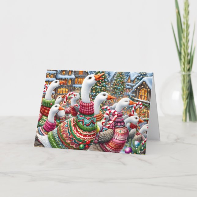 Ugly Sweater Christmas Geese Feiertagskarte (Vorderseite)
