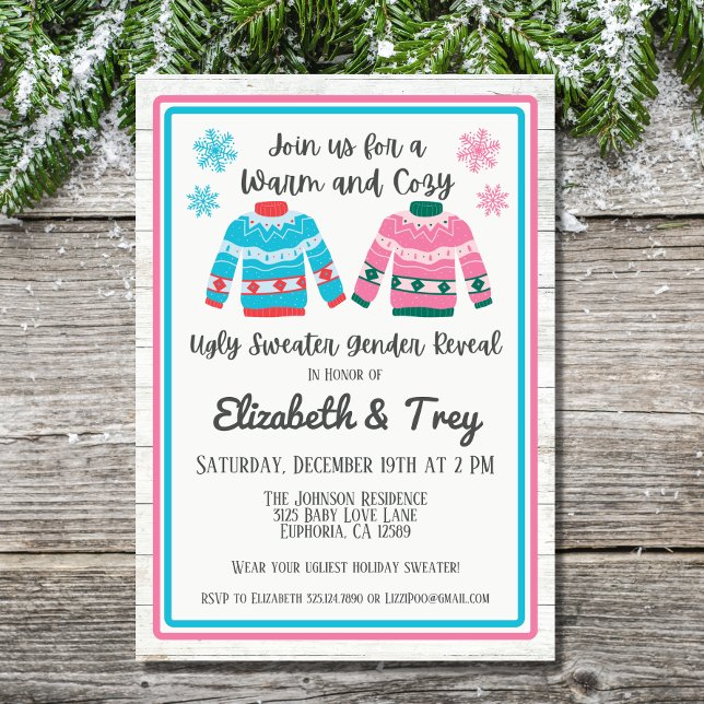 Ugly Sweater Christmas Gender Reveal Einladung (Have a fun and festive winter gender reveal with these ugly sweater invitations.)