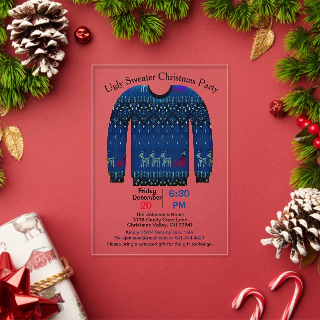 Ugly Sweater Christmas Party, Blau mit Hirsch Acryleinladungen (Insitu (Feiertag))