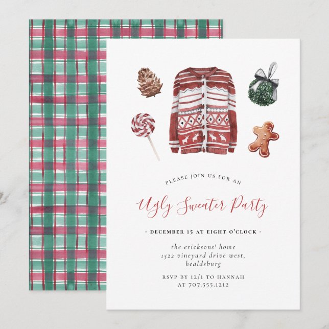 Ugly Sweater Christmas Party Wasserfarben Flannel  Einladung (Vorne/Hinten)