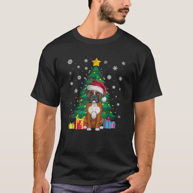 Ugly Sweater Christmas Tree Lights Boxer Dog Santa T-Shirt (Vorderseite)