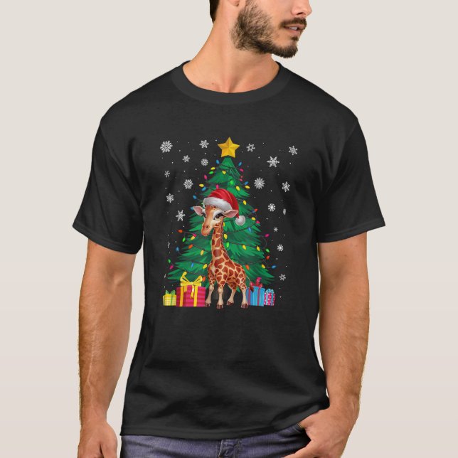 Ugly Sweater Christmas Tree Lights Giraffe Santa H T-Shirt (Vorderseite)