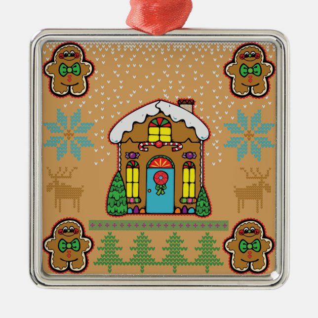 Ugly Sweater Gingerbrot House Men Ornament Aus Metall (Vorne)