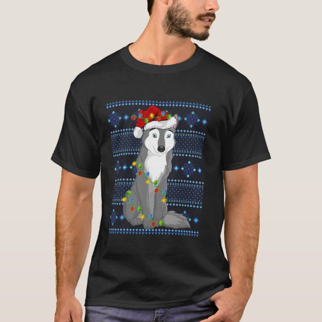 Ugly Sweater Holiday Wolf Xmas Lights Wolf Christm T-Shirt (Vorderseite)