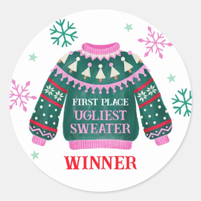 Ugly Sweater Party 1. Platz Gewinner Runder Aufkleber (Vorderseite)