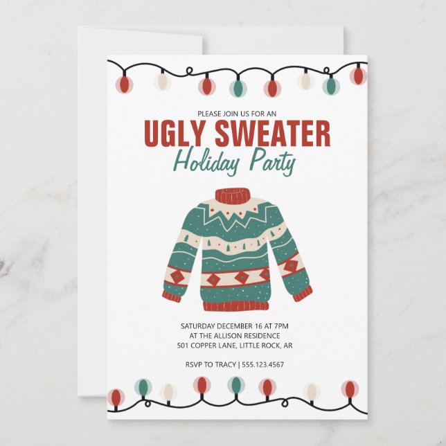 Ugly Sweater Red Green Boho Holiday Party Einladung (Vorderseite)