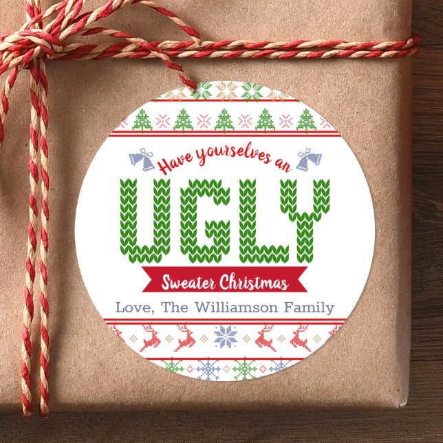 Ugly Sweater Red Green Christmas Tacky Nordic Stri Runder Aufkleber (Von Creator hochgeladen)