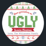 Ugly Sweater Red Green Christmas Tacky Nordic Stri Runder Aufkleber<br><div class="desc">"Nimm dir ein hässliches Weihnachtsgeschenk." Feiern Sie die Urlaubssaison mit diesen einzigartigen, lustigen Aufklebern im "Stil"! Ein niedliches, nordisches Strick-Paradies aus Kalkbäumen, Rentieren, Ziergegenständen, zusammen mit spielerischer "Pullover"-Typografie in Rot und Grün und staubigen Stahlblau überlagert einen weißen Hintergrund. Wählen Sie aus einer runden oder quadratischen Form, in einer Größe von...</div>