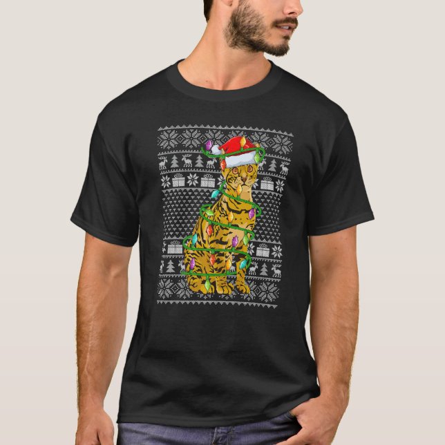 Ugly Sweater Style Xmas Lights Santa Bengal Cat Ch T-Shirt (Vorderseite)