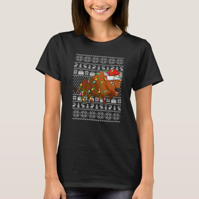 Ugly Sweater Style Xmas Lights Santa Bison Christm T-Shirt (Vorderseite)