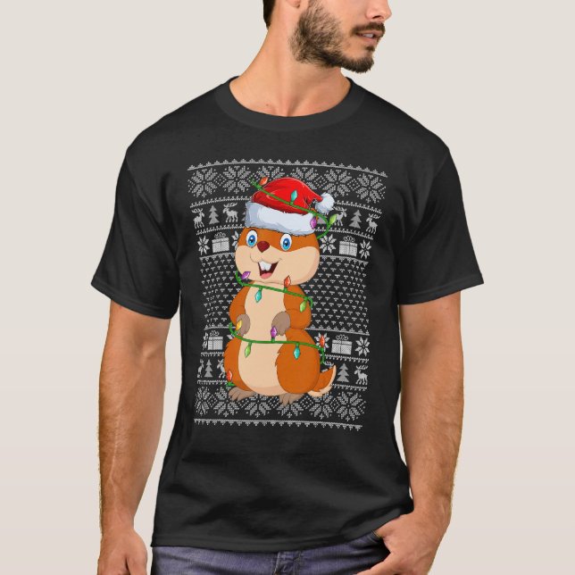 Ugly Sweater Style Xmas Lights Santa Gopher Christ T-Shirt (Vorderseite)