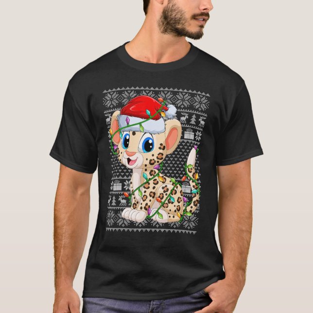 Ugly Sweater Style Xmas Lights Santa Leopard Chris T-Shirt (Vorderseite)