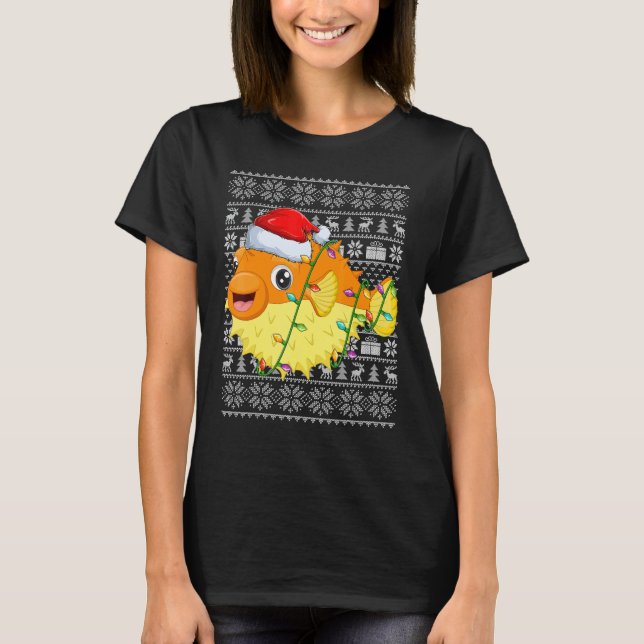 Ugly Sweater Style Xmas Lights Santa Puffer Fish C T-Shirt (Vorderseite)