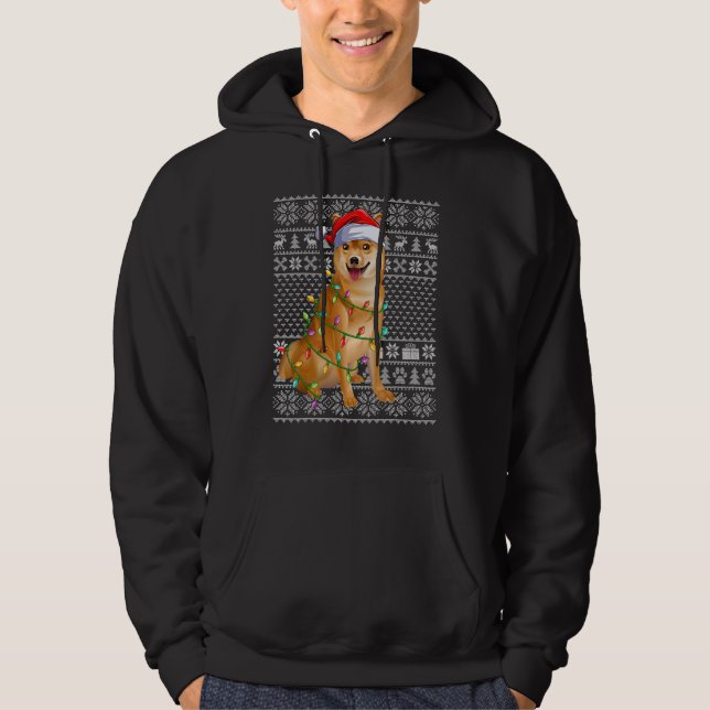 Ugly Sweater Style Xmas Lights Santa Shiba Inu Dog Hoodie (Vorderseite)