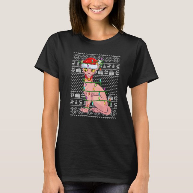 Ugly Sweater Style Xmas Lights Santa Sphynx Cat Ch T-Shirt (Vorderseite)