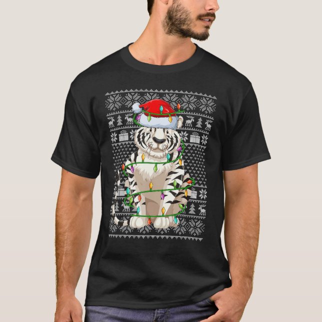 Ugly Sweater Style Xmas Lights Santa White Tiger C T-Shirt (Vorderseite)