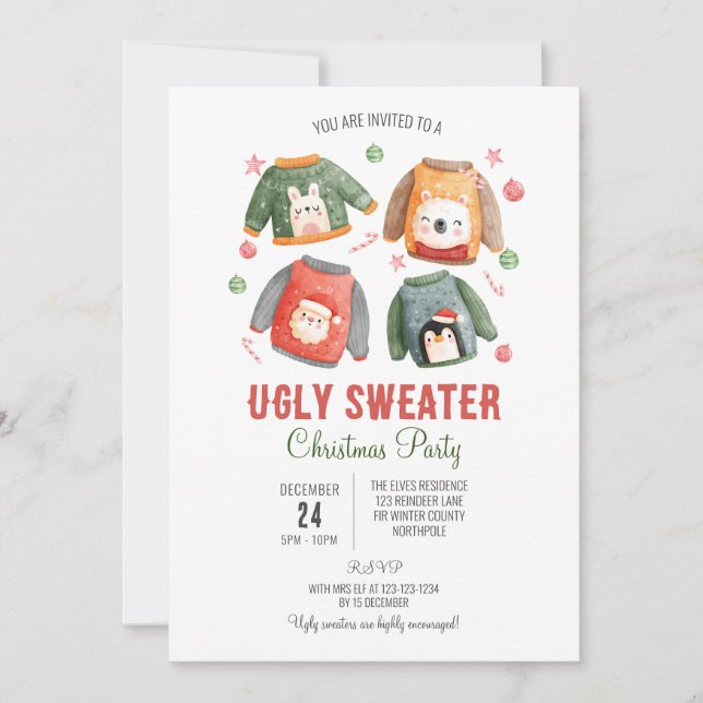 Ugly Sweater Weihnachts-Einladung, Familienessen Einladung (Vorderseite)