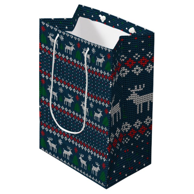 Ugly Sweater Weihnachts-Knittern Pattern Urlaub Mittlere Geschenktüte (Vorderseite Schrägansicht)