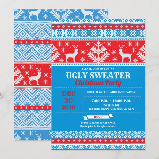 Ugly Sweater Weihnachtsbaum Rentiere Xmas Party Einladung (Vorne/Hinten)