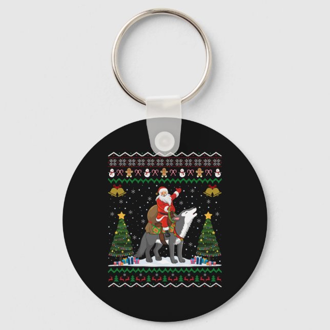 Ugly Wolf Xmas Gift Santa Riding Wolf Christmas  Schlüsselanhänger (Vorderseite)