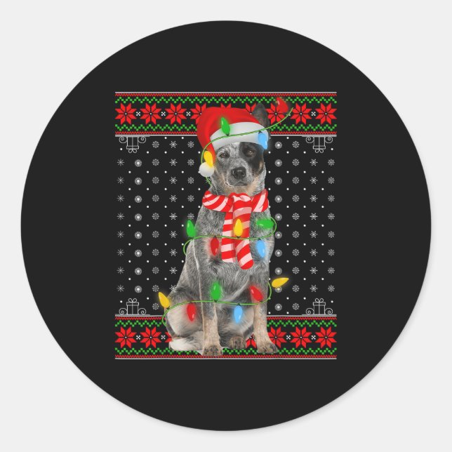 Ugly Xmas Dog Lights Santa Hat Blue Heeler Dog Chr Runder Aufkleber (Vorderseite)