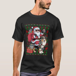 Ugly Xmas Lights Santa Riding Shetland Sheepdog T-Shirt