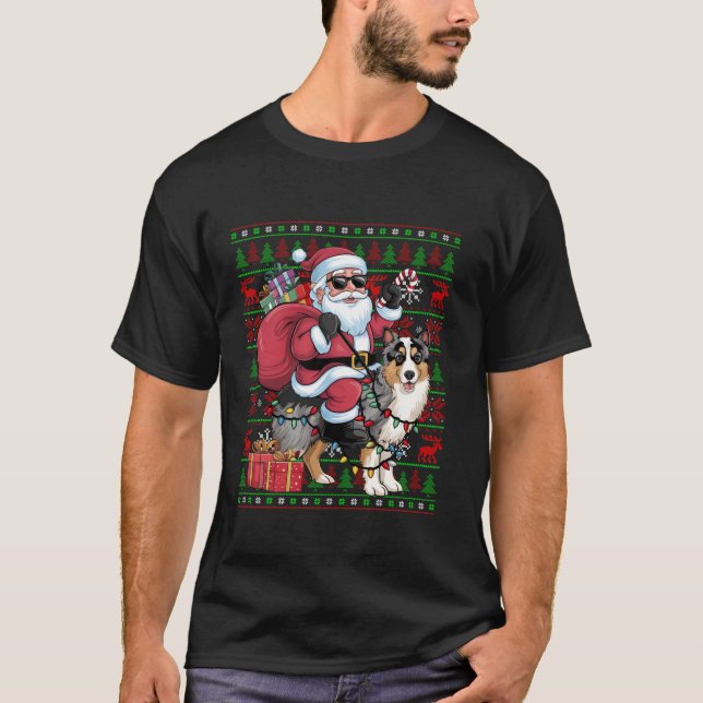 Ugly Xmas Lights Santa Riding Shetland Sheepdog T-Shirt (Vorderseite)
