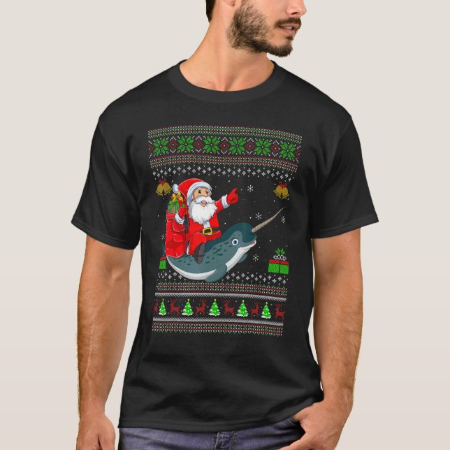 Ugly Xmas Santa Riding Narwhal Christmas T-Shirt (Vorderseite)