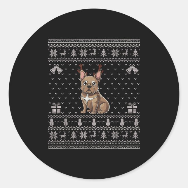 Ugly Xmas Sweater Style Frenchie Dog Reindeer Chri Runder Aufkleber (Vorderseite)