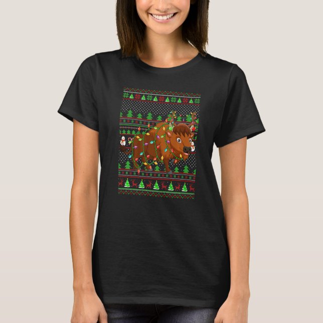 Ugly Xmas Sweater Style Lighting Bison Christmas T-Shirt (Vorderseite)