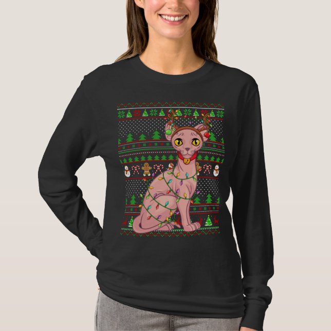 Ugly Xmas Sweater Style Lighting Sphynx Kat Christ T-Shirt (Vorderseite)