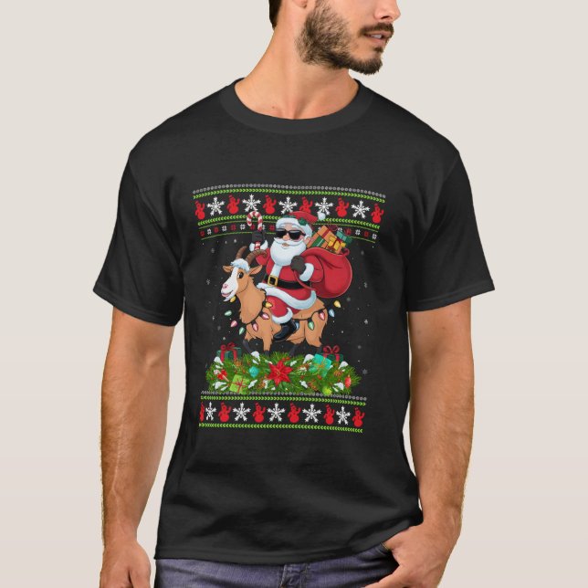 Ugly Xmas Sweater Style Santa Riding Ziege Christm T-Shirt (Vorderseite)