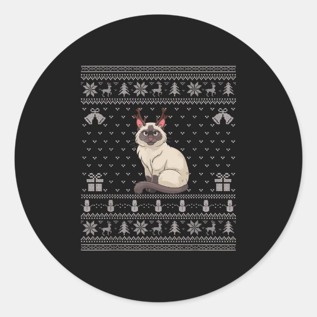 Ugly Xmas Sweater Style Siamese Cat Reindeer Chris Runder Aufkleber (Vorderseite)