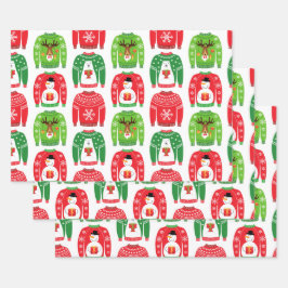 Ugly Xmas Sweaters Polar Bear Snowman Rudolf Red Geschenkpapier Set