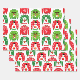 Ugly Xmas Sweaters Polar Bear Snowman Rudolf Red Geschenkpapier Set