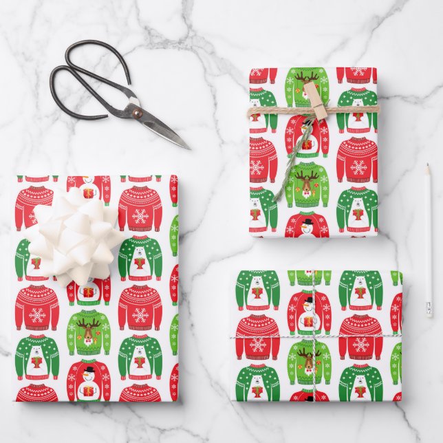 Ugly Xmas Sweaters Polar Bear Snowman Rudolf Red Geschenkpapier Set (Vorderseite)