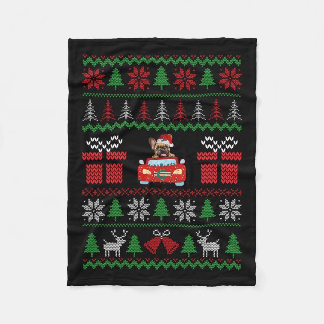 Ugor Christmas French Bulldog Riding Car Red Santa Fleecedecke (Vorderseite)