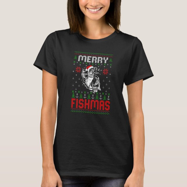 Ugy Fishing Christmas Bass Fish Bekleidung Merry F T-Shirt (Vorderseite)